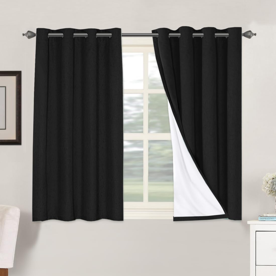 H.VERSAILTEX 100% Blackout Curtains for Bedroom Thermal Insulated Linen Textured Curtains Heat and Full Light Blocking Drapes Living Room Curtains 2 Panel Sets, Black, 52x45 Inch