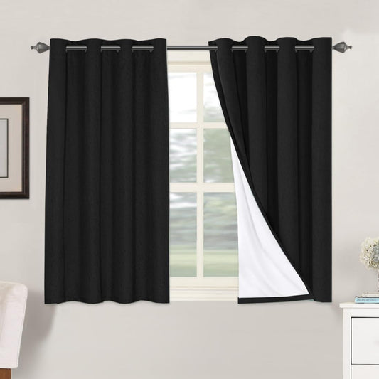 H.VERSAILTEX 100% Blackout Curtains for Bedroom Thermal Insulated Linen Textured Curtains Heat and Full Light Blocking Drapes Living Room Curtains 2 Panel Sets, Black, 52x45 Inch