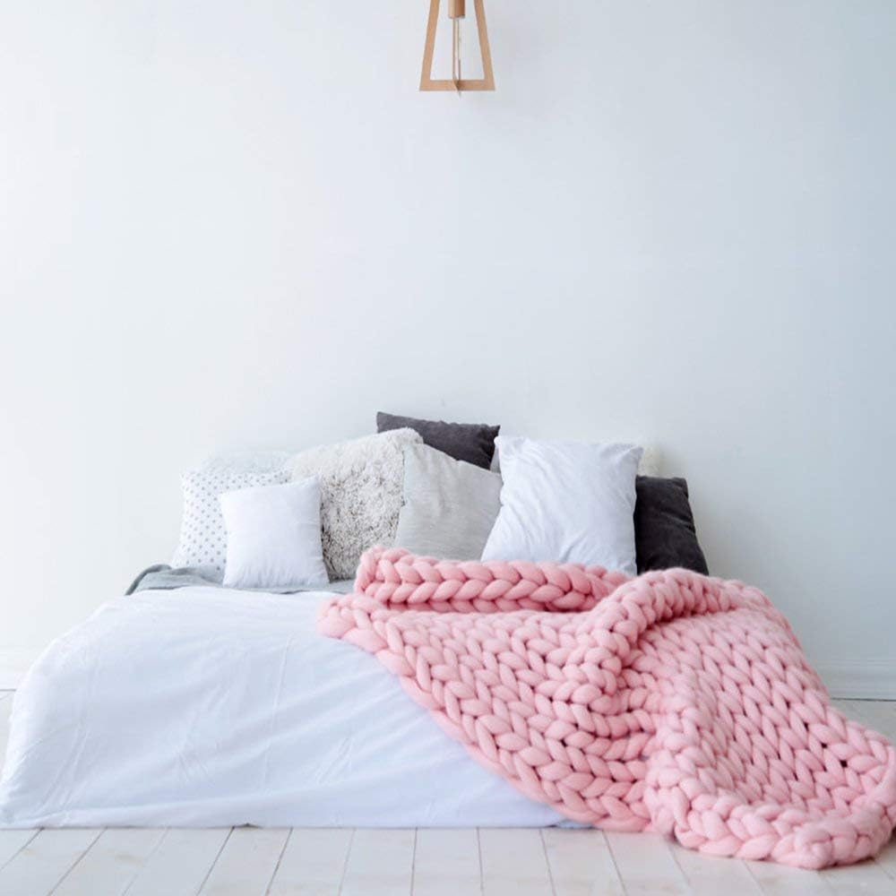 Knit Chunky Blanket Giant Throw Merino Wool Yarn Hand Made Bed Sofa Chair Mat(Pink 40"x60")