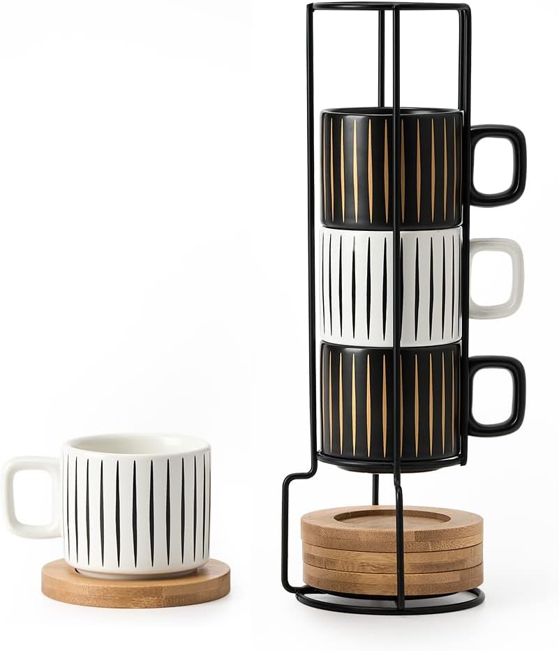 LUKA Porcelain Espresso Cup with Saucer and Metal Stand, 4 Ounce Stackable Ceramic Demitasse Espresso Mugs Cups Set for Latte, Specialty Coffee Drinks, Cafe Mocha,Tea - Set of 4, White & Black