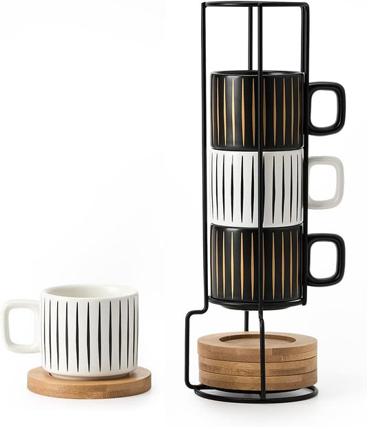 LUKA Porcelain Espresso Cup with Saucer and Metal Stand, 4 Ounce Stackable Ceramic Demitasse Espresso Mugs Cups Set for Latte, Specialty Coffee Drinks, Cafe Mocha,Tea - Set of 4, White & Black