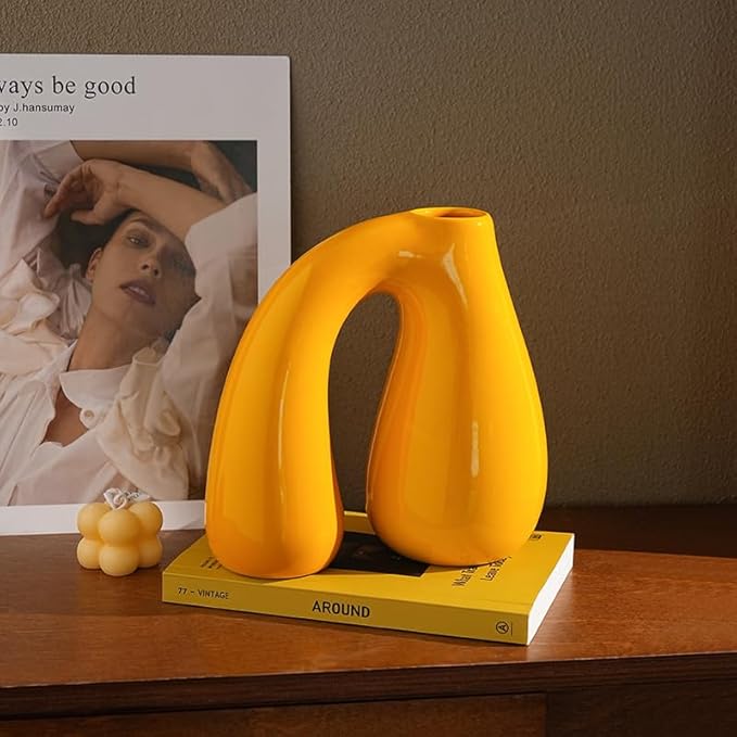 Yellow Ceramic Decorative Pitcher Vase, 7.5 in – Glossy Sculptural Arch-Handle, Modern Home Décor Accent for Fresh or Dried Floral Arrangements, Table/Shelf/Entryway, Giftable