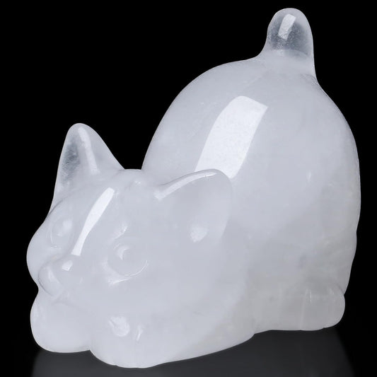 Clear Quartz Cat Decor Crystal Statue Carved Home Office Room Decor Figurines for Desk Sculpture Lazy Handcrafted Healing Stone Natural Gemstones Spiritual Gifts for Cat Lovers