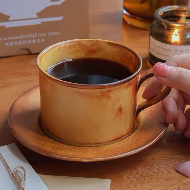 Vintage Fall Yellow Ceramic Coffee Mug with Saucer Set 9.5 Oz Porcelain Coffee Mug Set for Cappuccino,Lattes,Tea,Coffee Lovers Thanksgiving Gifts CM10 (Yellow 01)