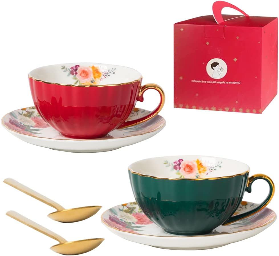 Coffee Cups and Saucers Set of 2,8 oz Tea Cup and Saucer Royal Vintage Ceramic Floral Lined Coffee Cup for Latte,Cappuccino,Porcelain Tea Sets Gift for Birthday Gifts(Red/Green)