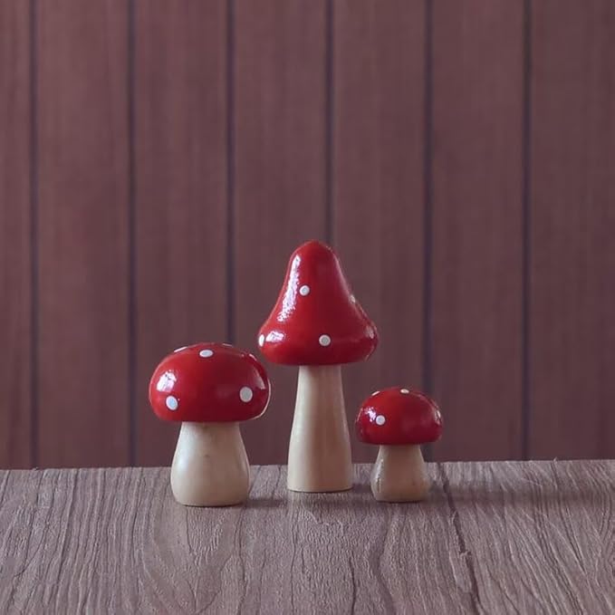 3Pcs Mushroom Decor Wooden Mini Figures Fairy Garden Accessories 2.9in 1.8in 1.2in Cute Miniature Mushrooms Home Decor for Bedroom Office Bonsai Fairy Garden Red