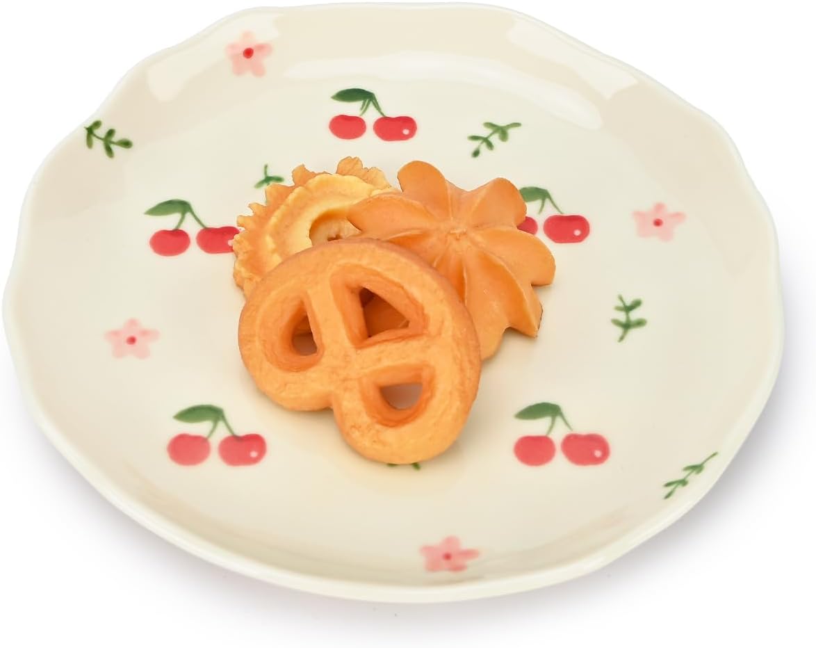 Koythin Ceramic Dessert Plates, Cute Fruits Dinner Plate, Creative Plates Design, Printed Flowers Dinnerware for Office and Home, Kitchen Plates for Desserts (Cherry Flower)