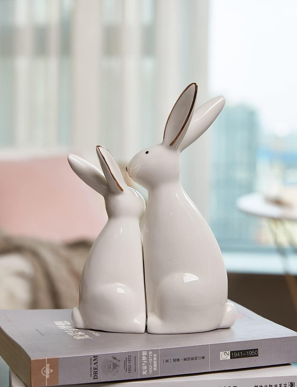 HAUCOZE 2pcs Rabbit Statue Bunny Decor Geometric Arts Modern Figurine Polyresin 7.6inch