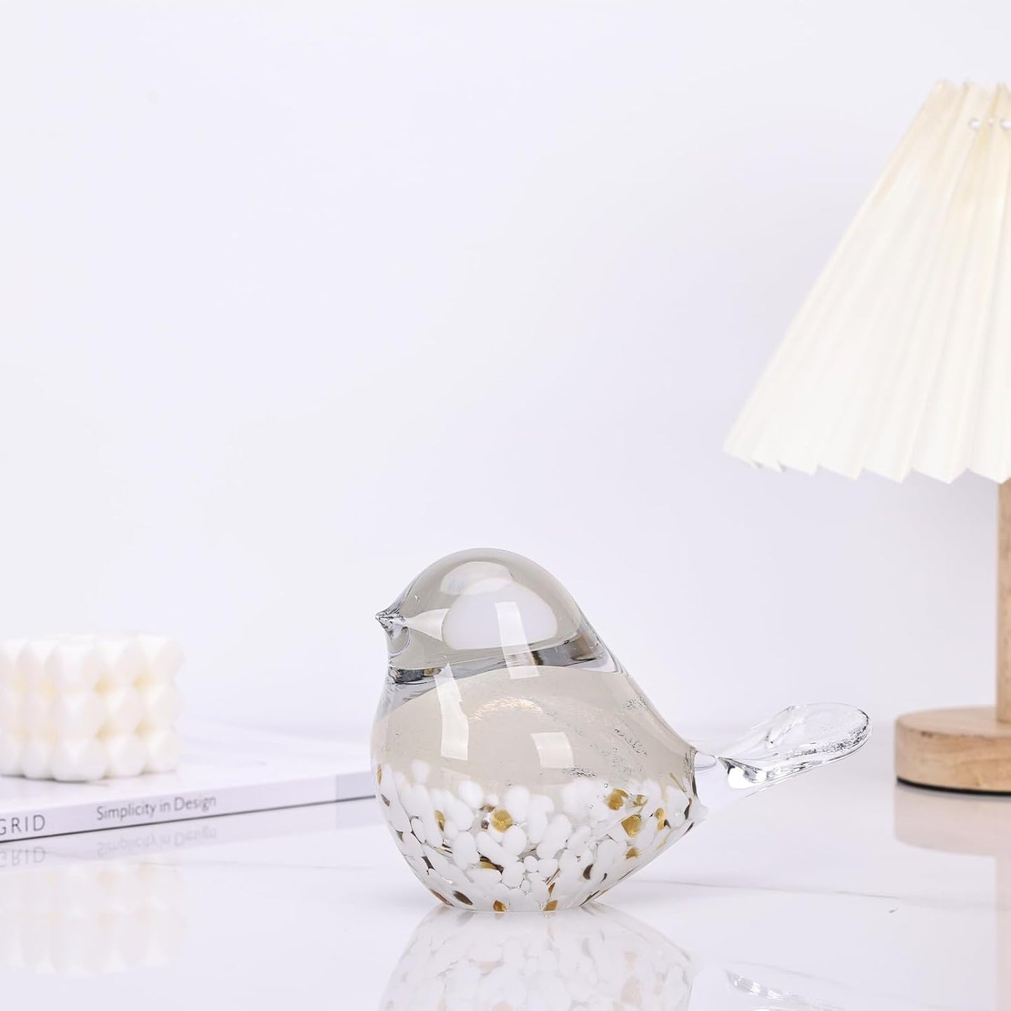 DOVDOV Hand Blown Glass Bird Statue Home Decor, Glass Art Bird Small Sculpture for Office Desktop on Dresser entryway Decorative Ornament and Glass Paperweight., Gray