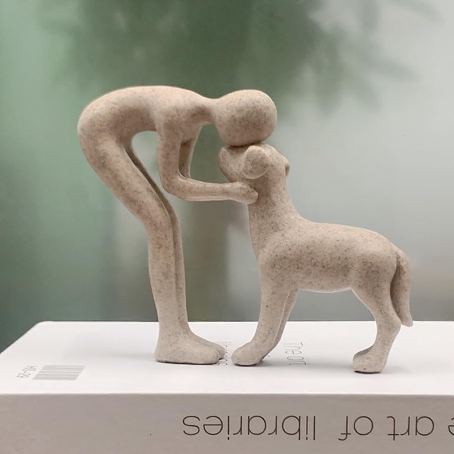 Human and Dog Statue Decoration, Cute Pet Sculpture Home Decor Tabletop Ornament Figurines Office Living Room Bedroom Home, for Dog Lovers Friends Family Decoration, Sandstone Color