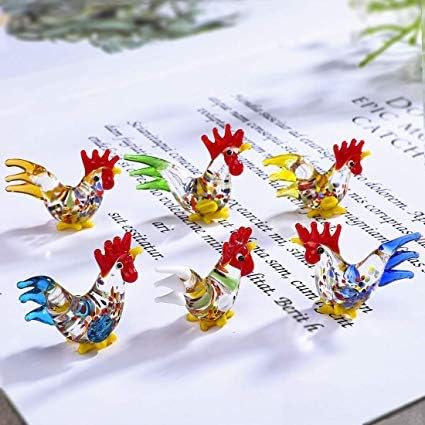 HDCRYSTALGIFTS 6pcs Glass Rooster Chicken Figurine Country Kitchen Decoration Style Miniature Hand Blown Cock Collectible Figure Gifts for Women