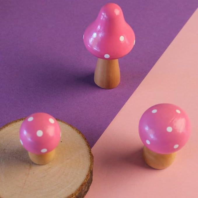3Pcs Mushroom Decor Wooden Mini Figures Fairy Garden Accessories 2.9in 1.8in 1.2in Cute Miniature Mushrooms Home Decor for Bedroom Office Bonsai Fairy Garden Pink