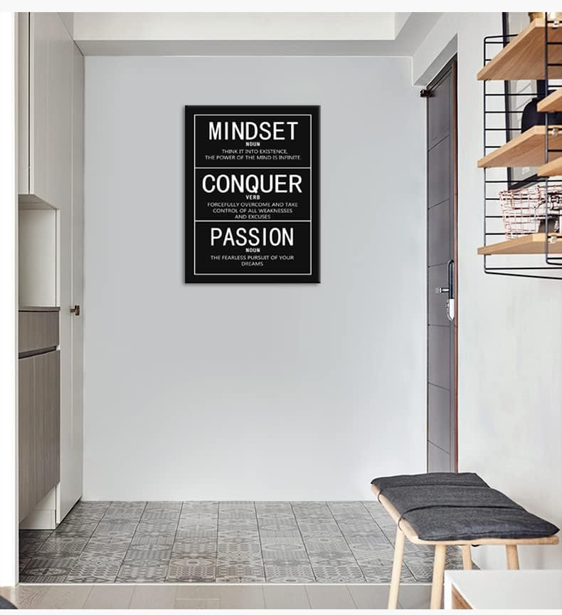 Mindset Noun Conquer Verb Passion Noun Canvas Wall Art Inspirational Quotes Poster and Print Motivational Picture Artwork for Living Room Office Home Decor Framed Ready to Hang [30"W X 40"H]