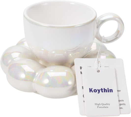 Koythin Ceramic Coffee Mug with Saucer Set, Creative Cute Cup with Sunflower Coaster for Office and Home, 6.5 oz/200 ml for Tea Latte Milk (Pearl White)