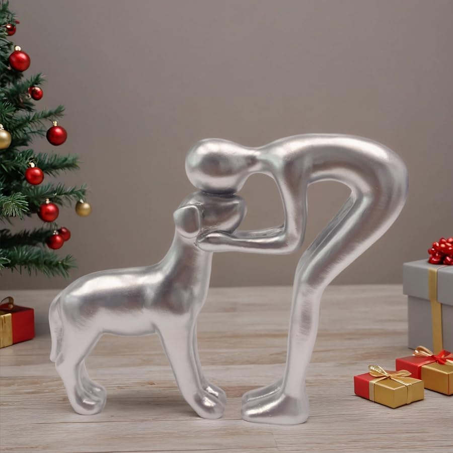 Human and Dog Statue Decoration, Cute Pet Sculpture Home Decor Tabletop Ornament Figurines Office Living Room Bedroom Home, for Dog Lovers Friends Family Decoration, Silver Color