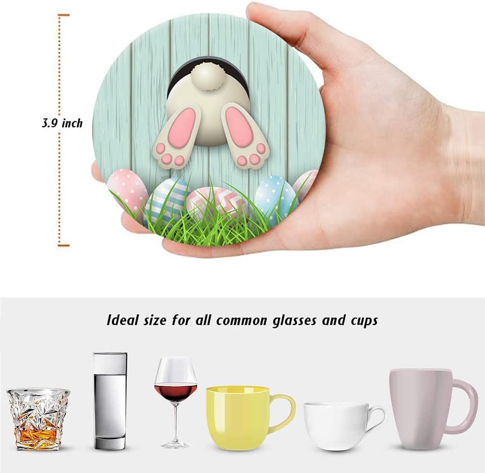 LOKMU Coasters for Drinks,Round Absorbent Ceramic Stone Coaster Sets of 6 with Metal Holder Stand,Bunny Bottom and Easter Eggs Coasters with Cork Base for Coffee Wooden Table,Housewarming Gifts