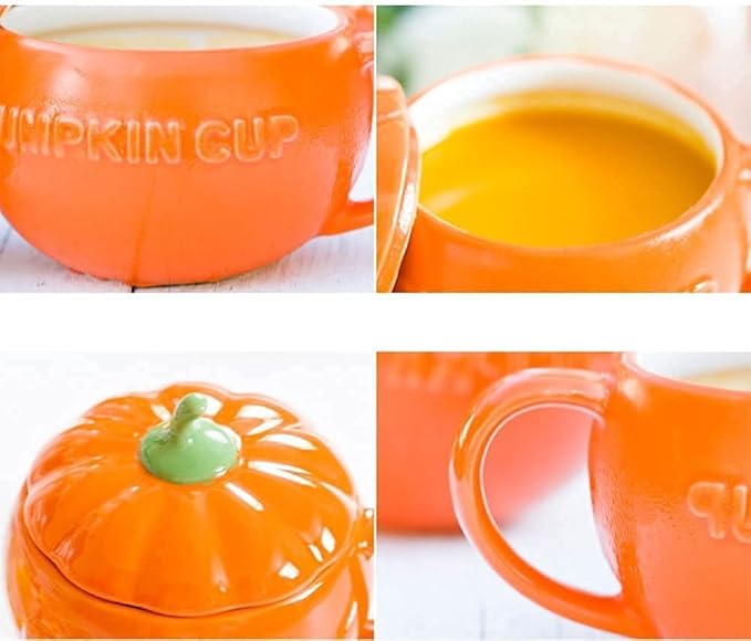 YBK Tech Cute Pumpkin Cup, Ceramic Coffee Mug, Tea Cup with Lid and Spoon (15.5oz)