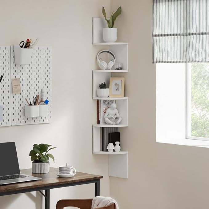 VASAGLE Corner Shelf Wall Mount, 5-Tier Floating Corner Bookshelf, Plant Shelf for Bedroom, Living Room, Bathroom, Home Office, Cloud White