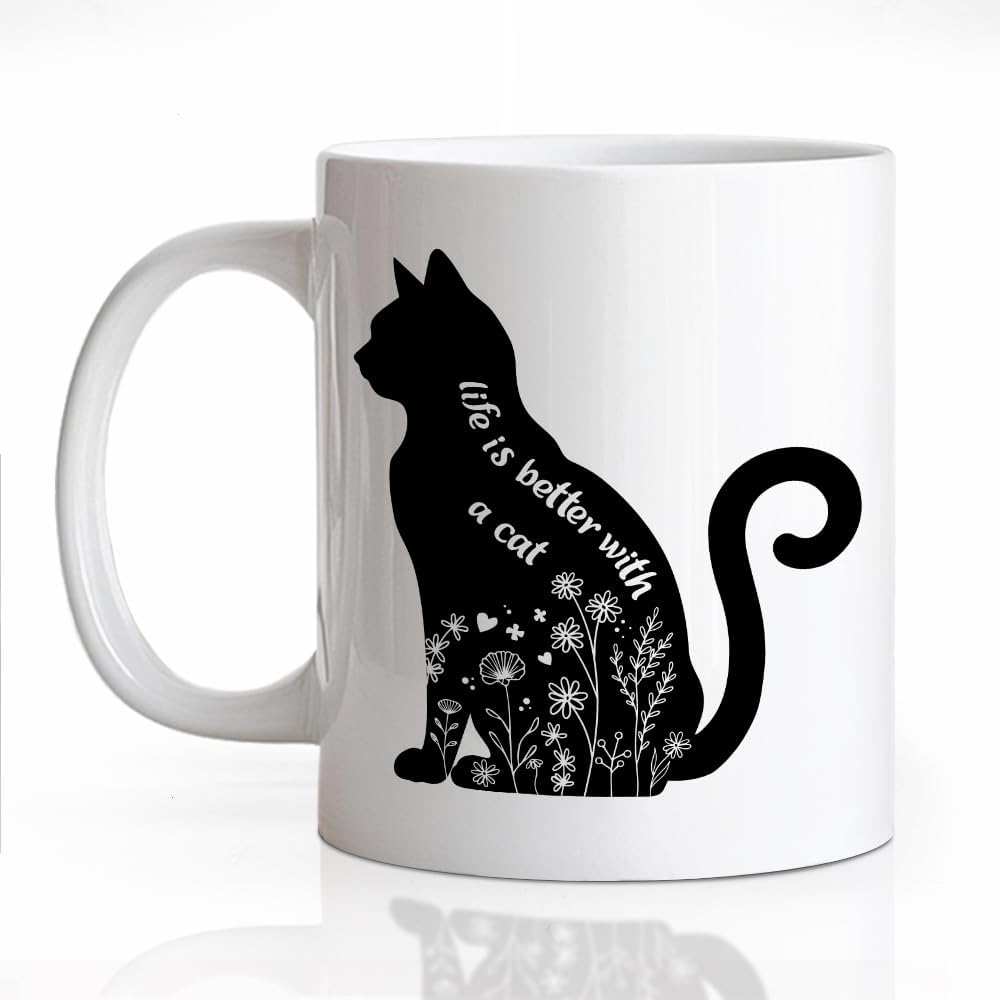 Life Is Better With A Cat Ceramic Coffee Mug for Women Men, Funny 11oz Floral Black Cat Mug for Cats Dad Mom, Cats Lover Gifts, Novelty Mothers Day Christmas Birthday Gifts