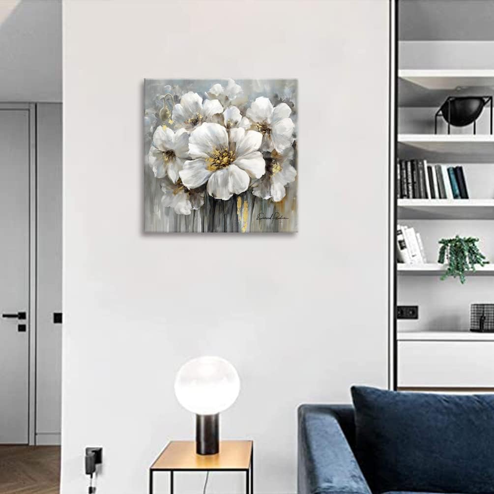 Living Room Flower Picture Wall Art White Floral Painting with Gold on Canvas for Gray Bedroom Decor 30" x 30"