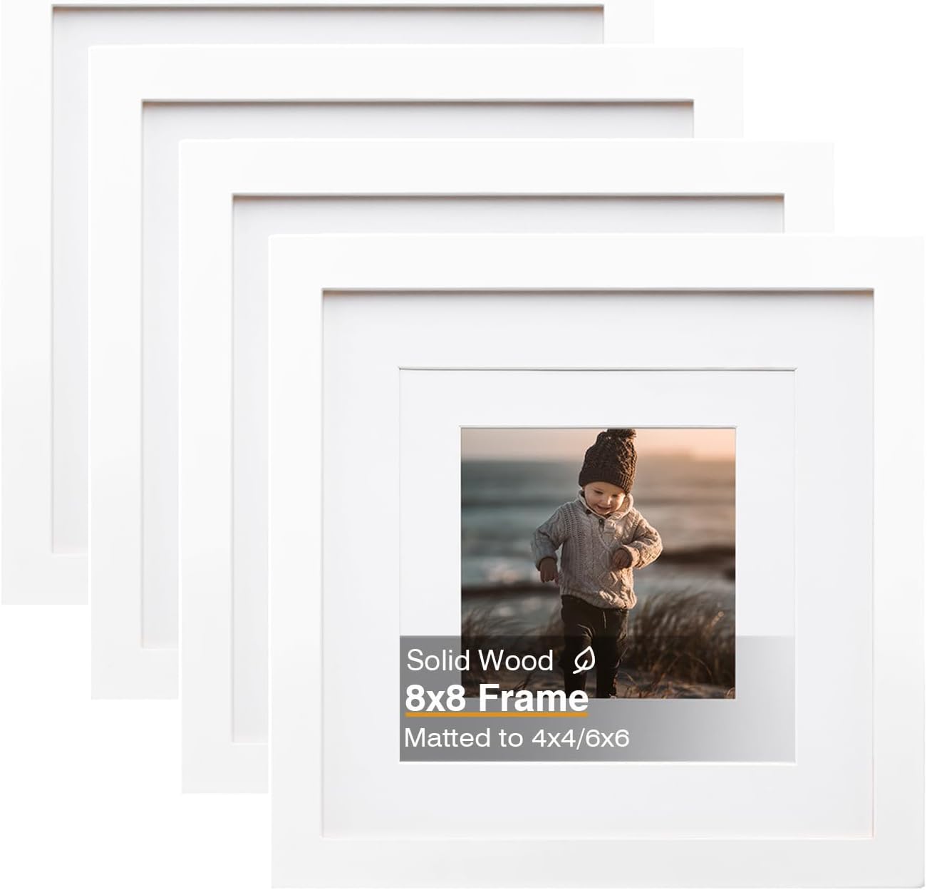 KINLINK 8x8 Picture Frame, White Square Solid Wood Frames for Pictures 4x4 and 6x6 with Mat or 8x8 without Mat, Wall and Tabletop Display Photo Frames White 4 Pack