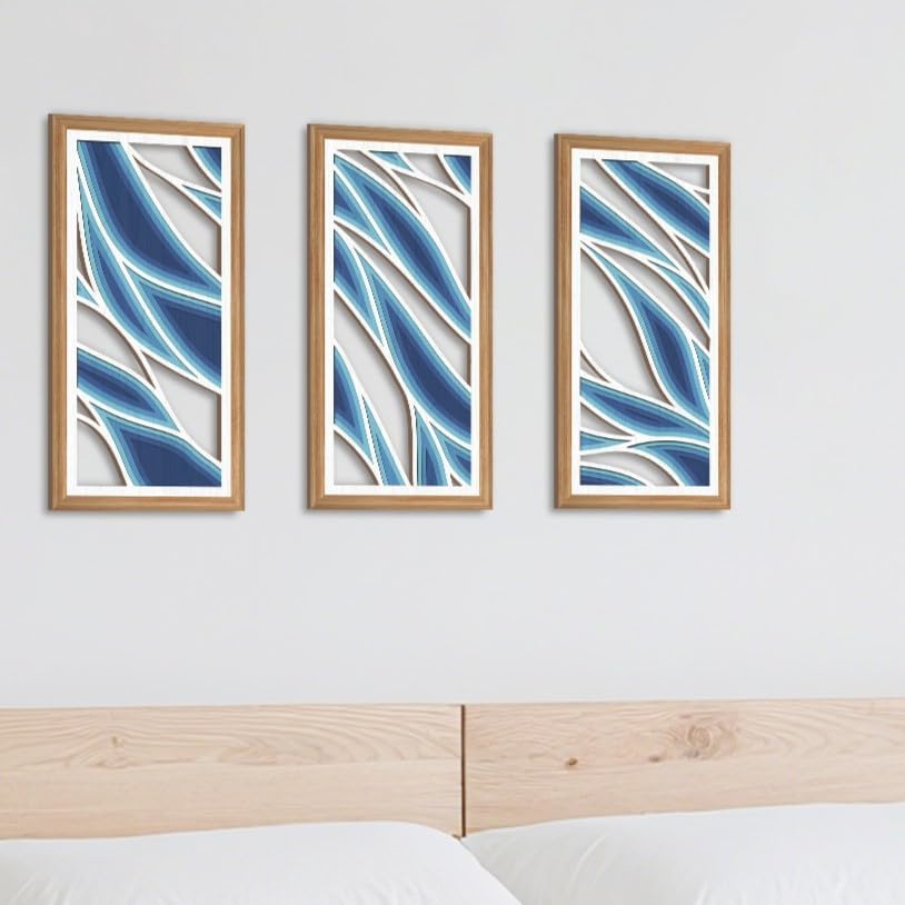IARTTOP 3 Pcs Bohemian Abstract Wood Wall Decor Blue Mid Century Artwork Minimalist Modern Hanging Decor Boho Blue Waves Wall Art for Office Living Room Bedroom 7.9 x15.8 Inch