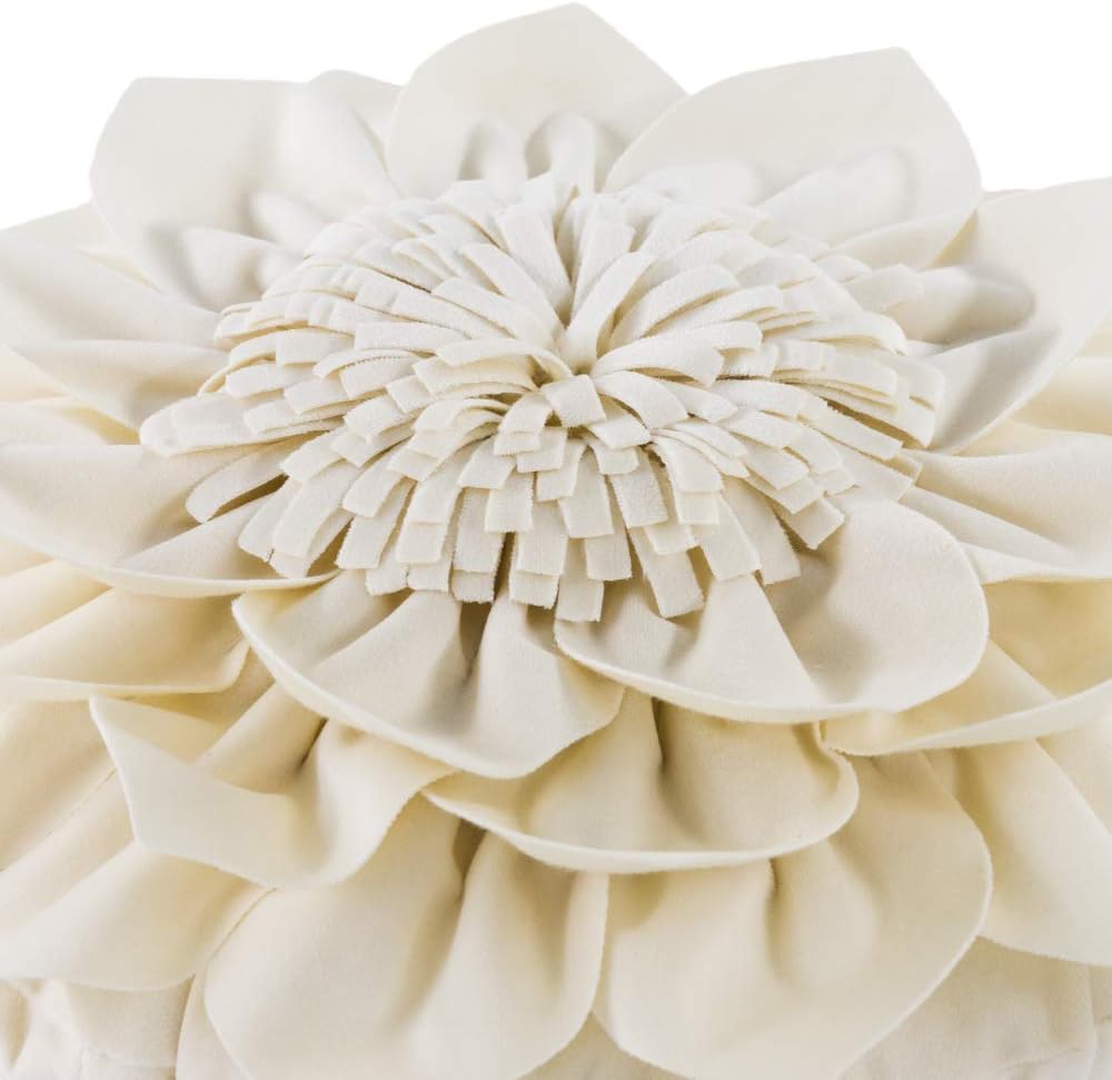 Decorative Throw Pillow 3D Flower Round Pillow Accent Handmade Cushion with Insert Included for Couch Bed Home Decor 12 Inch Cream White