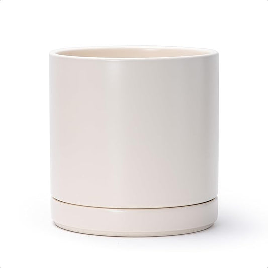 D'vine Dev 8.2 Inch Ceramic Planter Pot with Drainage Hole and Saucer, Indoor Cylinder Round Planter Pot, Oatmeal, 94-O-D-8