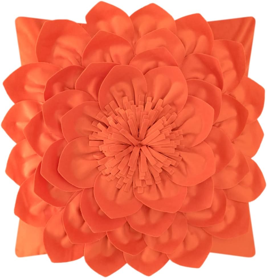 Decorative 3D Flower Throw Pillow Covers Handmade Cushion Cases for Sofa Car Bed Home Room Decor 18 x 18 Inch Orange