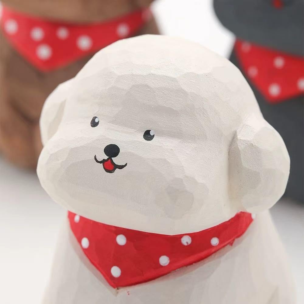 Cute Wood Teddy Dog Figurines, 2.7' Handmade Carved White Teddy Statue with Base, Unique Pet Dog Figure Collectibles Home Decor, Gift for Pet Lover
