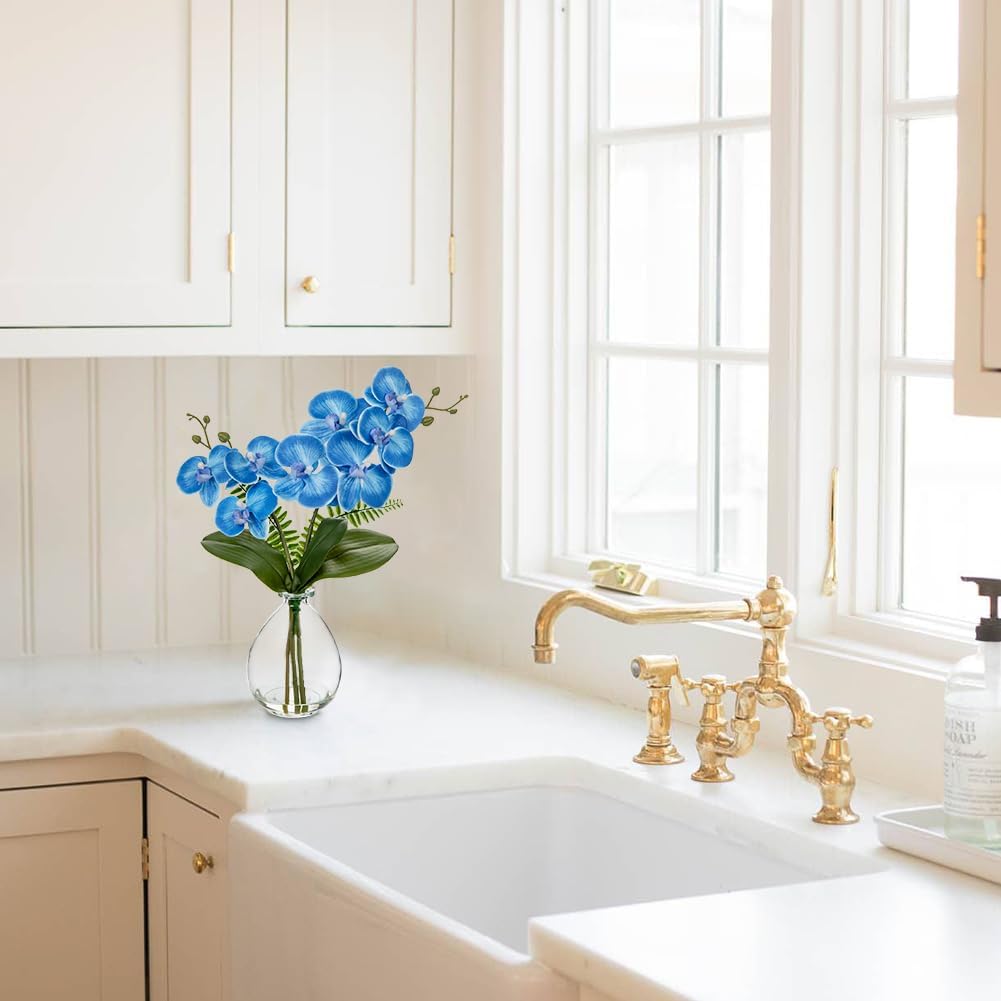 Blue Orchids Artificial Flowers, Faux Orchid in Glass Vase Real Touch Small Phalaenopsis Orchid Flowers Arrangements with Clear Vase Orchid Centerpiece for Dining Room Table