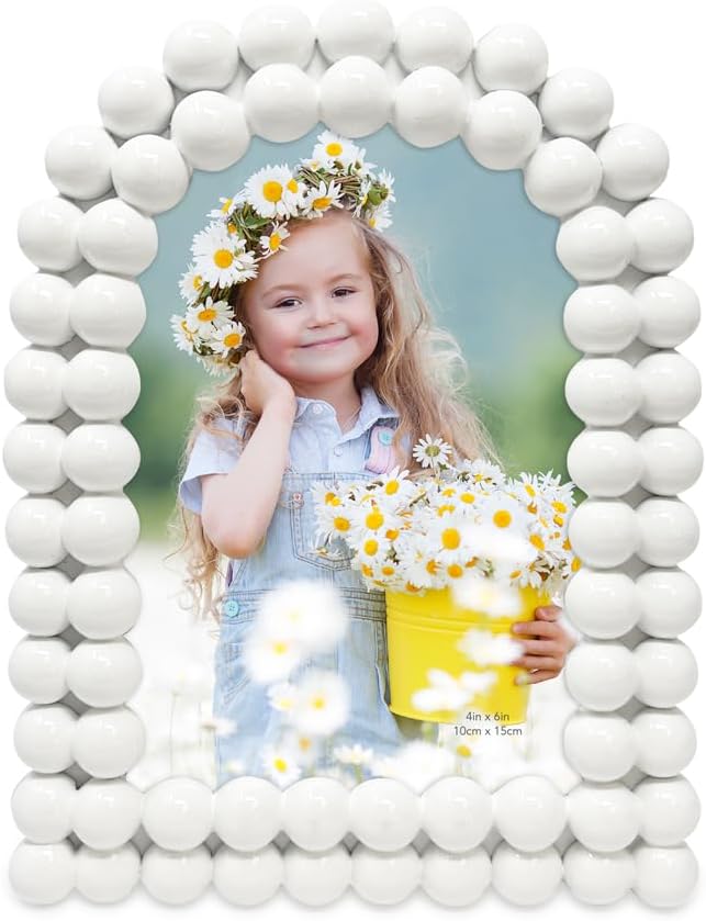 Isaac Jacobs 4x6 Glossy White Double Bauble Arch Photo Frame with Black Fabric Easel, Tabletop, Wall-Mountable, Shelf and Desk, Decorative Art Design, Home Décor (4x6, Glossy White)