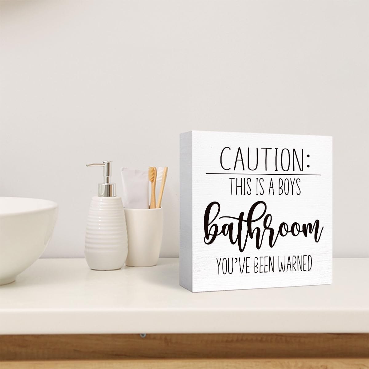 Funny Bathroom Wood Sign Caution This is a Boys Bathroom Wood Block Sign for Kids Boys Bathroom Shelf Toilet Restroom Home Tabletop Desk Decor,Farmhouse Bathroom Wooden Box Sign