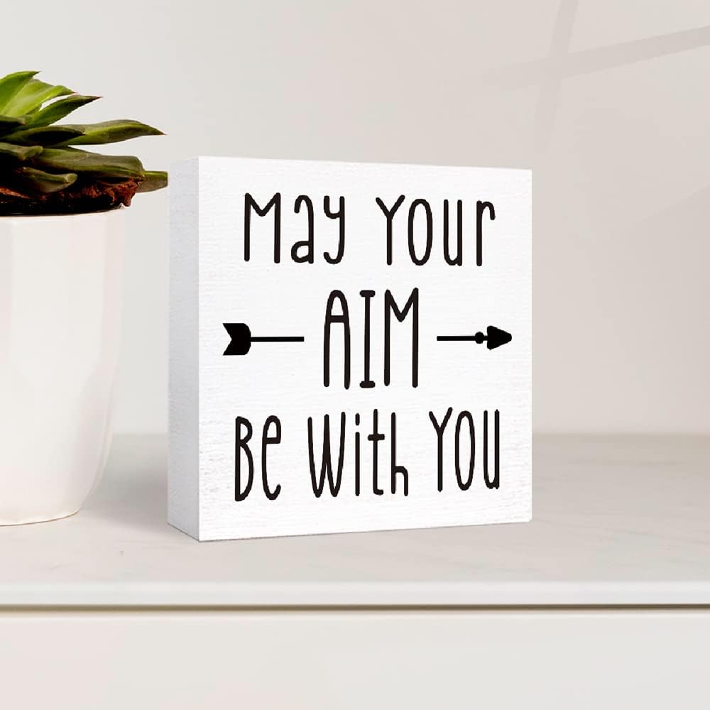 Funny Bathroom Wood Sign May Your Aim be with You Wood Block Sign for Bathroom Shelf Toilet Restroom Home Tabletop Desk Decor,Farmhouse Bathroom Wooden Box Sign