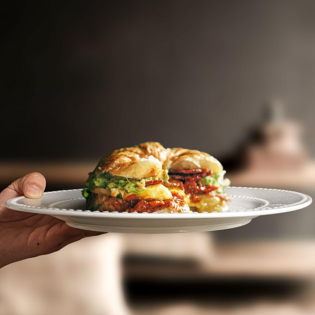 Dinner Plates Set of 4, 10.5 inch White Ceramic Plates, Embossed Salad Plates, Serving Plates for Steak Appetizer, Reusable Kitchen Dining Plates for Restaurant, Dishwasher Microwave Safe