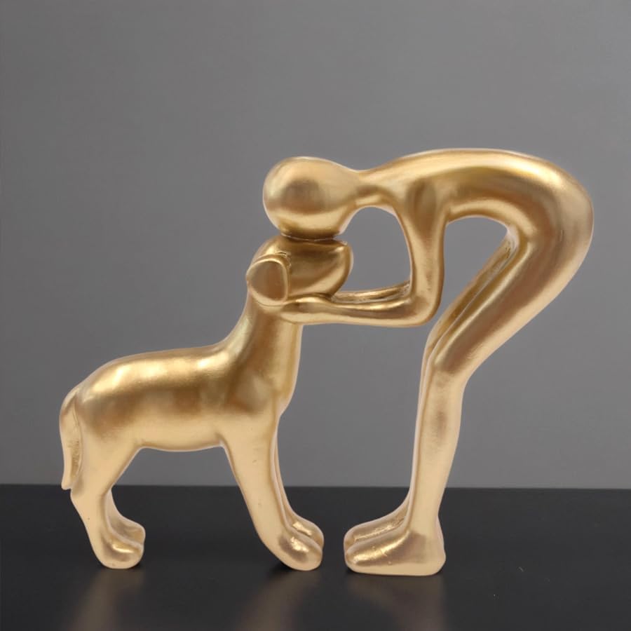 Human and Dog Statue Decoration, Cute Pet Sculpture Home Decor Tabletop Ornament Figurines Office Living Room Bedroom Home, for Dog Lovers Friends Family Decoration, Gold Color