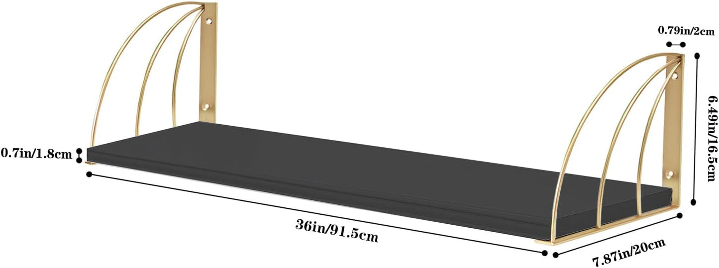 Long 36 inch Black Floating Shelves for Wall - Curved Fan-Shaped Design with Built-in Anti-Slip Book Stops|0.71" Thicker Heavy Duty Wall Bookshelf|Back Gold Shelves for Books, Home Décor Set of 2
