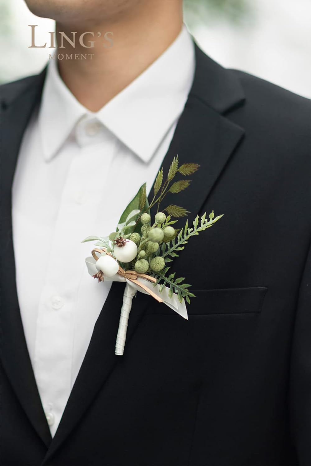 Ling's Moment Boutonniere for Men, 10pcs Groomsmen Guest Boutonniere, Artificial Flowers for Wedding Décor/Prom/Homecoming,etc.White Greenery Berry