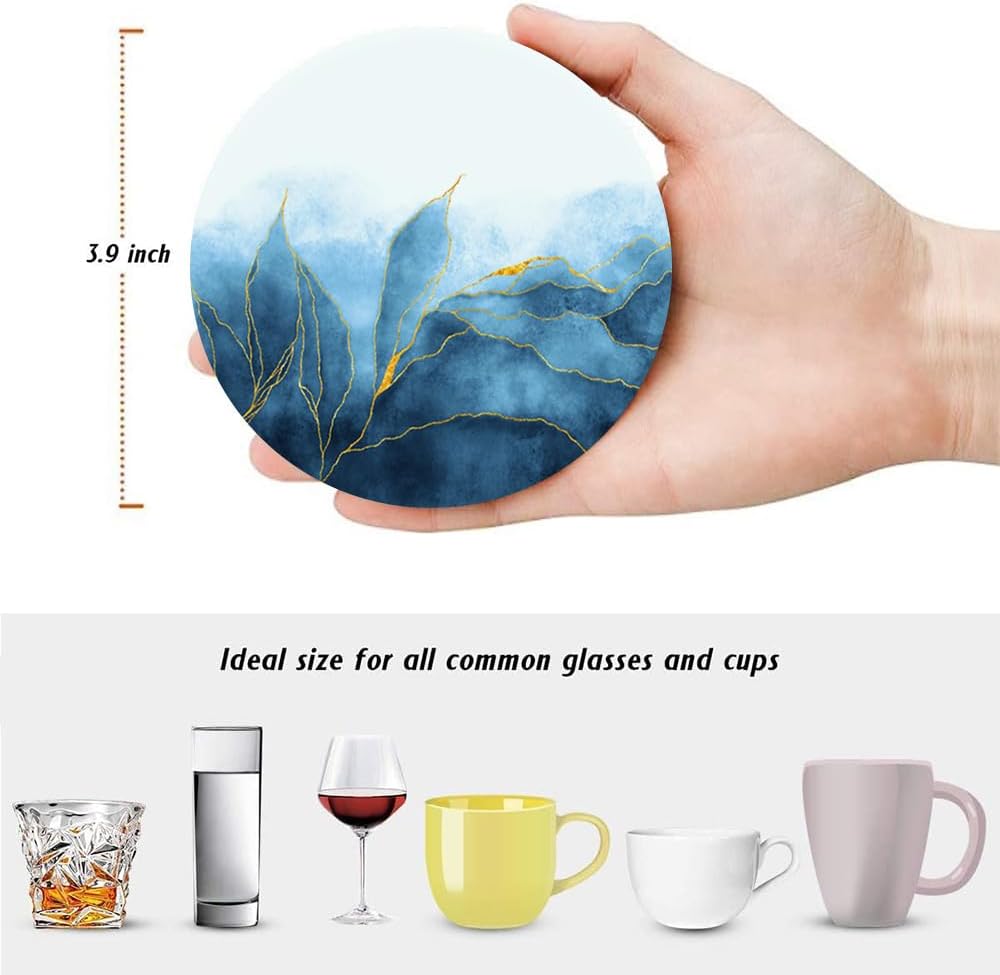 LOKMU Coasters for Drinks,Round Absorbent Ceramic Stone Coaster Sets of 6 with Metal Holder Stand,Blue Paint and Golden Shiny Veins Coasters with Cork Base for Coffee Wooden Table,Housewarming Gifts