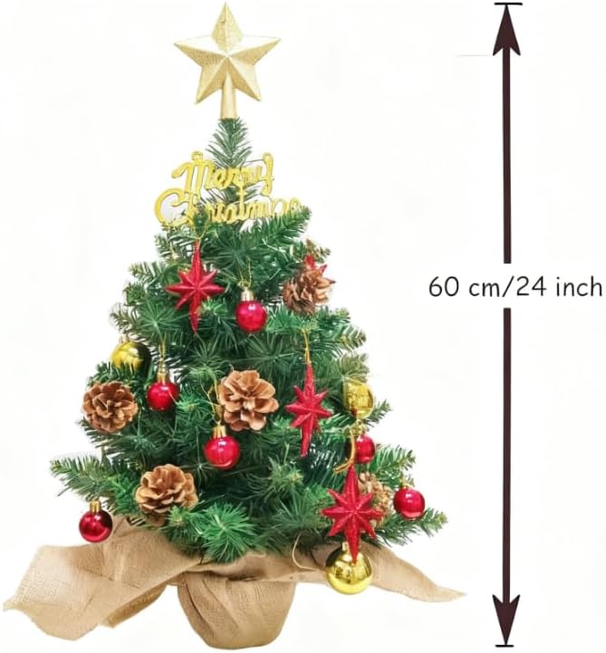 24 Inch Tabletop Mini Christmas Tree, Miniature Pine Christmas Tree with Hanging Ornaments, Battery Operated Artificial Xmas Tree, Best DIY Christmas Decorations