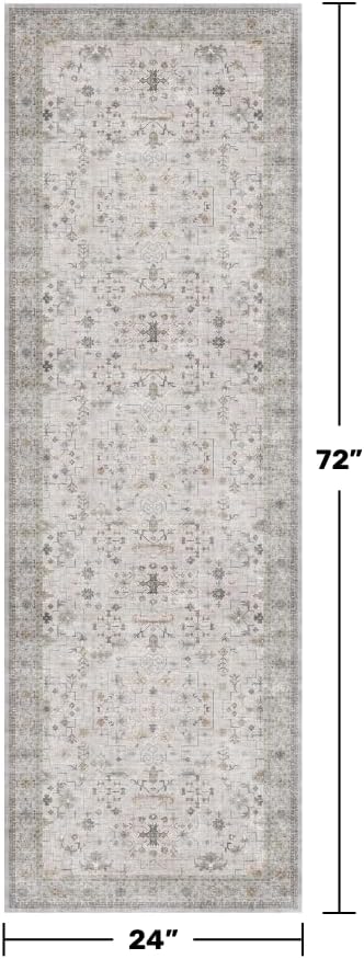 Light Grey 2x6 Boho Bathroom Runner Rug - Modern Vintage Eclectic Floral Pastel Neutral Taupe, Washable Low Pile Non-Slip Runner Rugs for Kitchen, Door Mat Indoor Entrance, Bedroom Laundry Hallway