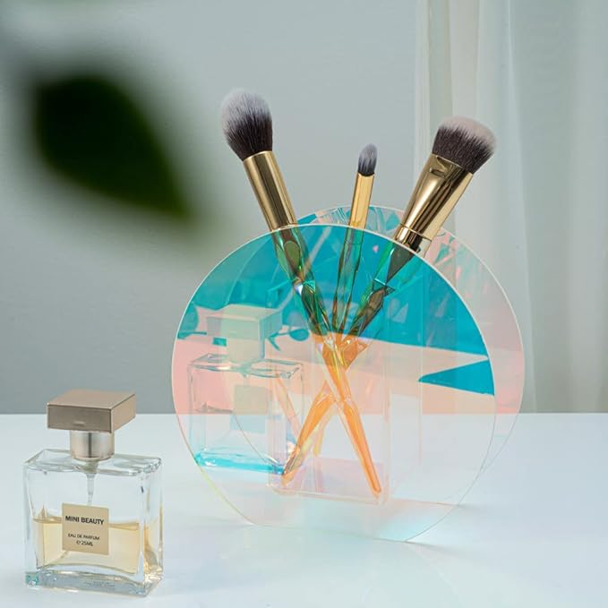 Iridescent Acrylic Vase for Artificial Flower Fake Eucalyptus Plant Leaves Office Home Decor Contemporary Tabletop Minimalist Geometric Mini Decoration Make Up Brushes Organizer Holder（RainbowRound）