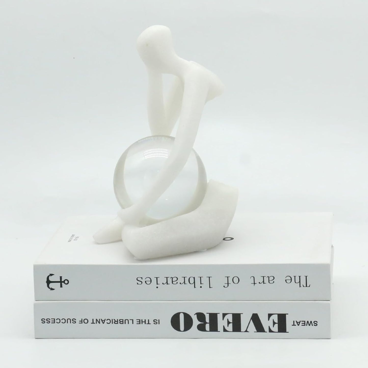 Lukitas Resin Thinker Statue - Holding Crystal Ball Sculpture, Modern Abstract Collectible Figurine for Home Office Bookshelf Decor, White Sand 7.5''