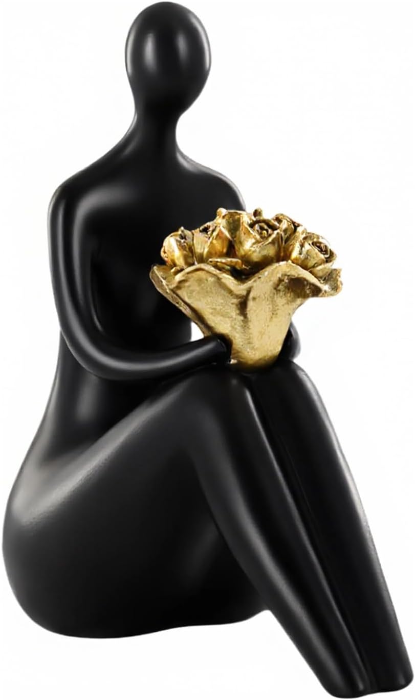 Black Abstract Figure Statue with Golden Flowers, Modern Resin Sculpture, Minimalist Art Figurine for Home or Office Decor, Elegant Gift for Art Enthusiasts