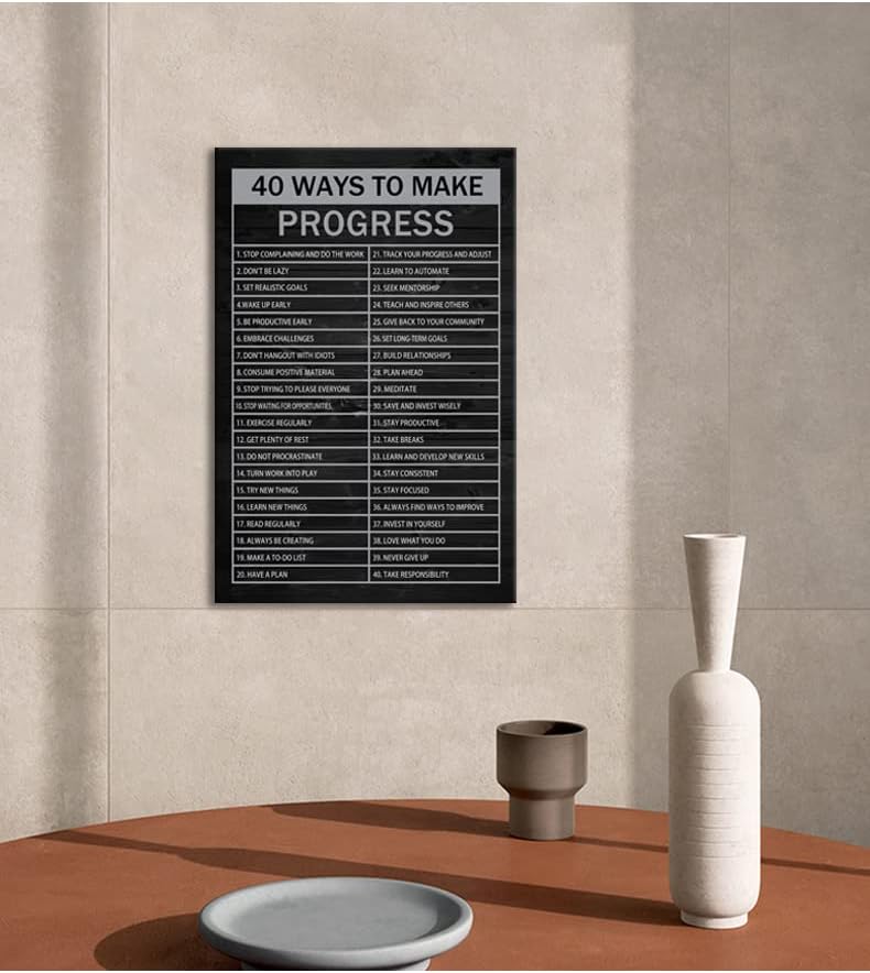 Inspirational Canvas Wall Art 40 Ways to Make Progress Motivational Posters Prints Modern Home Decor Painting Artwork for Living Room Bedroom Pictures Framed Ready to Hang[12" W X 18" H]