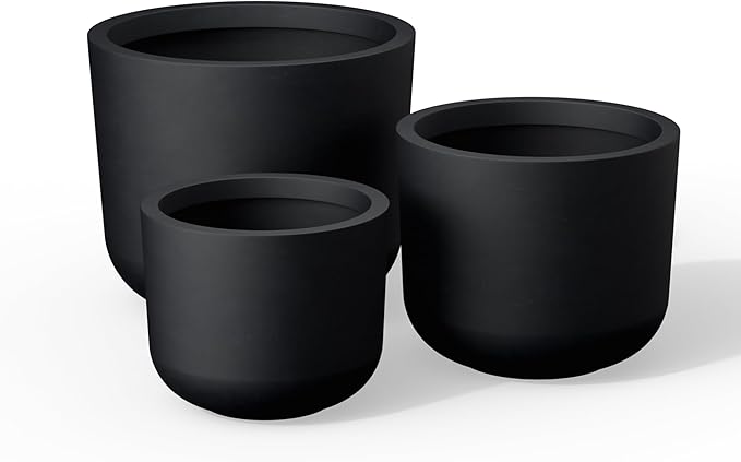 Kante 13",11",9" Dia Black Round Planters (Set of 3), Outdoor Indoor Modern Planter Pots, Lightweight, Weather Resistant, Seamless with Drainage Hole