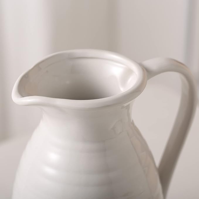 hjn Farmhouse Pitcher Vase for Flowers- Ceramic Pitcher White Flower Vase for Your Kitchen/Home Decor/Office/Living Room/Bookshelf/Mantel/-White