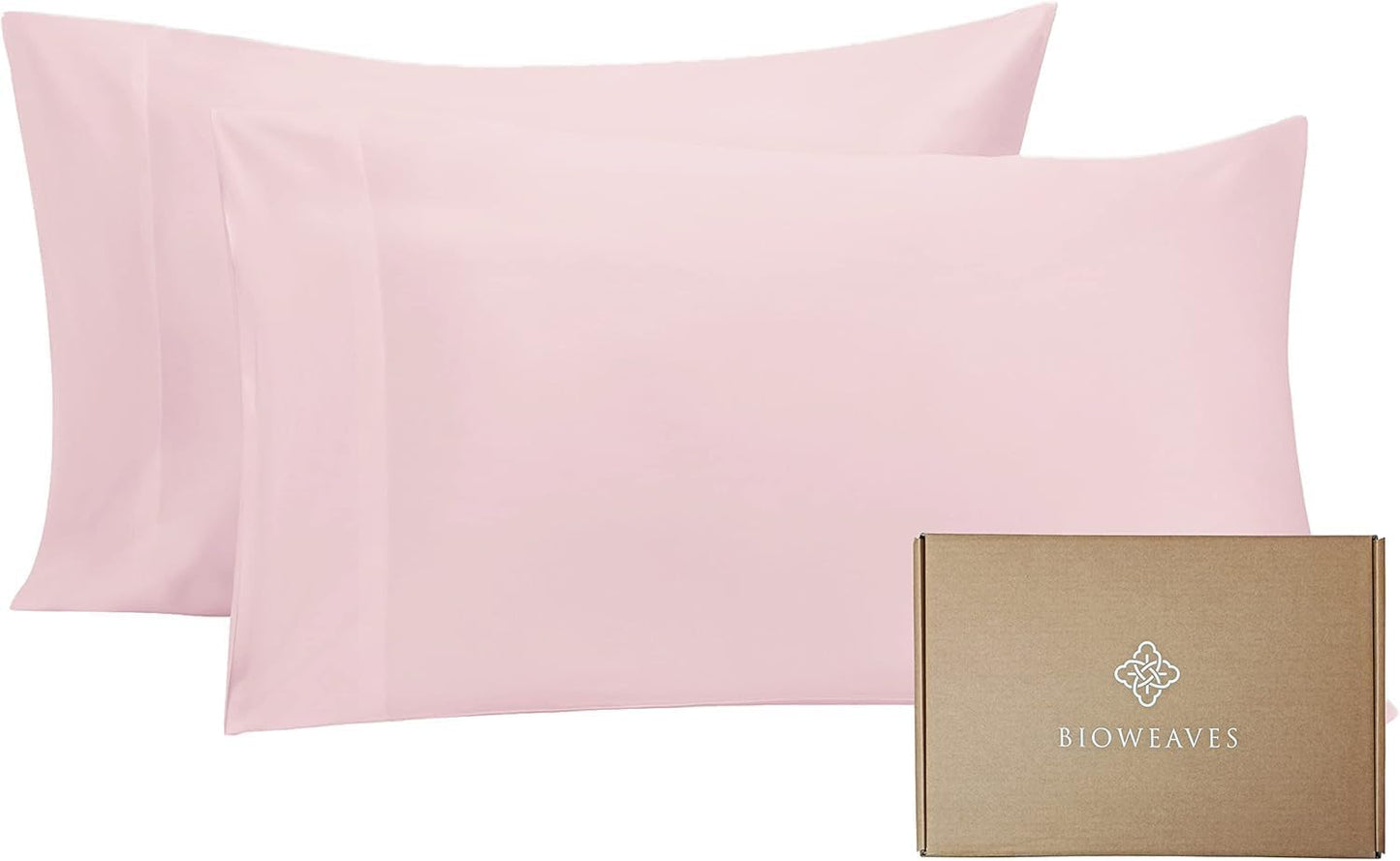 BIOWEAVES 100% Organic Cotton Pillow Cases 300 Thread Count Soft Sateen Weave GOTS Certified – Standard/Queen Size, Set of 2, Blush Pink