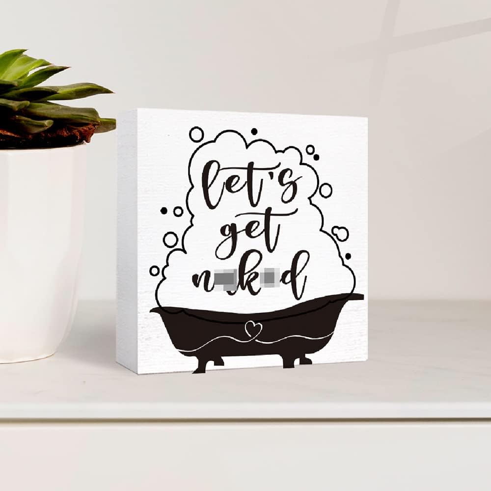 Funny Wood Block Sign 'Let's Get Naked' for Bathroom Shelf, Toilet, Restroom - Farmhouse Wooden Box Sign for Home Tabletop Desk Decor