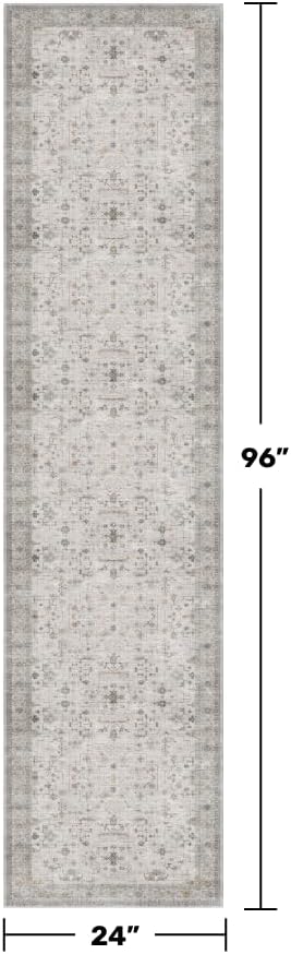 Light Gray Washable 2x8 Hallway Runners, Kitchen Runner Rug, Non-Slip & Stain Resistant 8ft Long Entryway Floor Rug, Neutral Boho Floral Décor